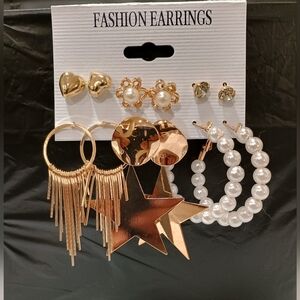 Gold and Pearl Fashion Earrings Set Of 6 Pairs